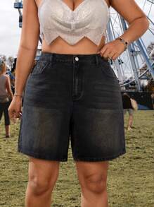 SHEIN ICON Plus Size Loose Denim Bermuda Shorts, Suitable For Rave Outfits And Festivals - Black - View 4