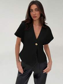 Aloruh 简约办公室通勤时尚深 V 腰合身短款不对称下摆女式西装外套 - 黑色 - 查看 4