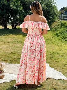 Roveilla Sukienka damska w dużych rozmiarach z kwiatowym nadrukiem, falbaniasta, z odkrytymi ramionami i rozcięciem na dole, elegancka, świąteczna