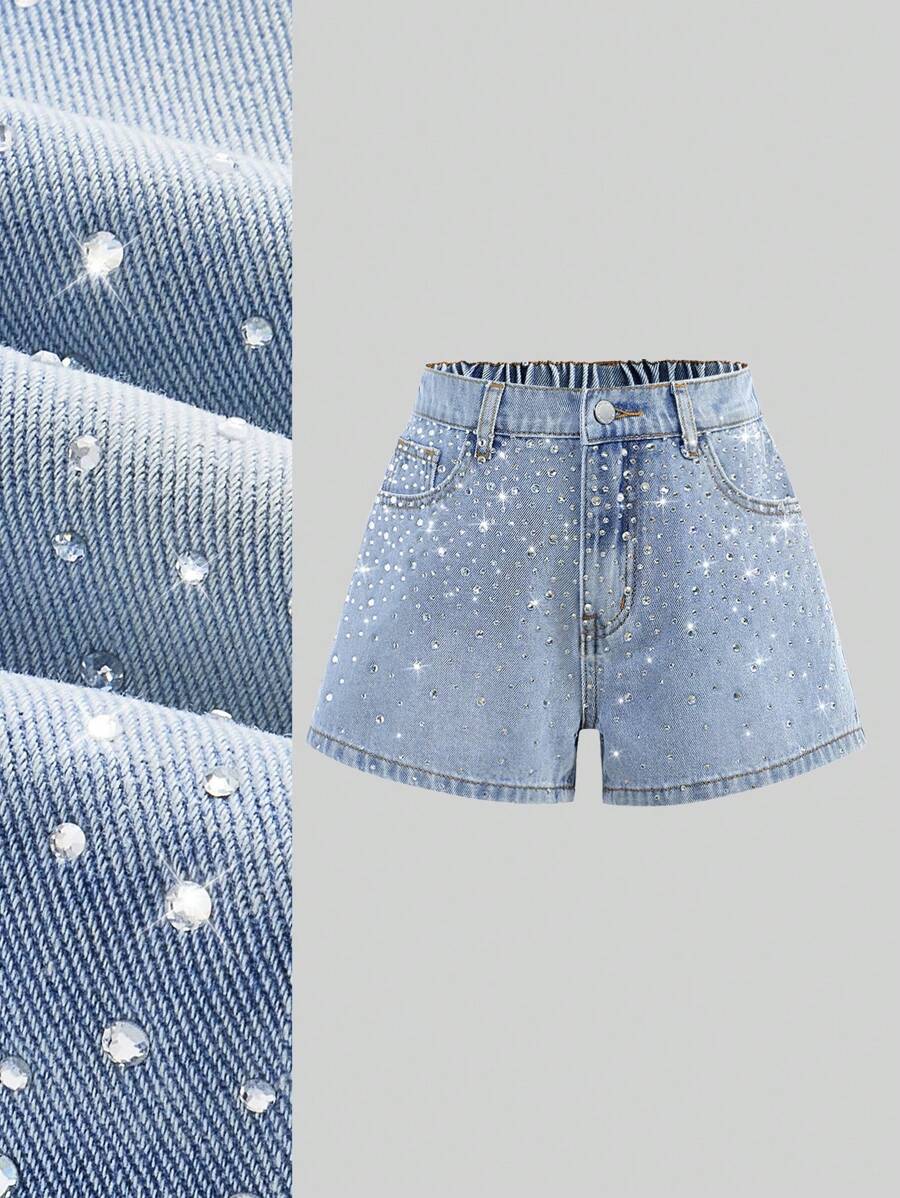SHEIN Tween Girls Spring Summer Rhinestone Sequin Bling Light Blue Washed Denim Jeans Shorts With Slant Pocket,Girls Summer Beach Boho Vacation Concert Beach Outfits - Light Wash - View 1