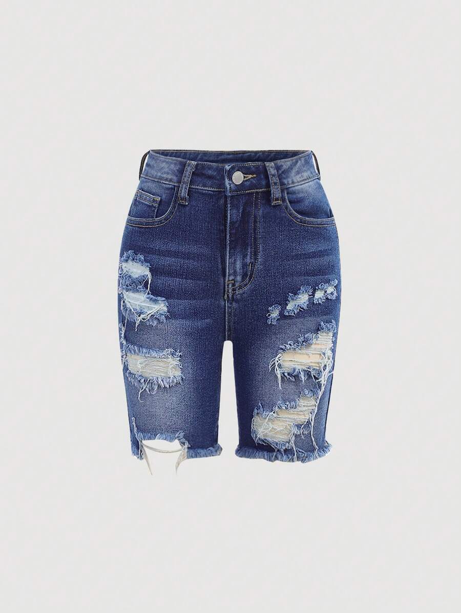 SHEIN Girlism Tween Girls' Y2K Spring Summer Break Solid Washed High Stretch Distressed Ripped Denim Long Shorts With Frayed Hem And Pockets,Girls Denim Skinny Biker Shorts,Stylish Casual Jeans Shorts,Tween Girl Boho Holiday Concert Outfit Rave Outfits Festival