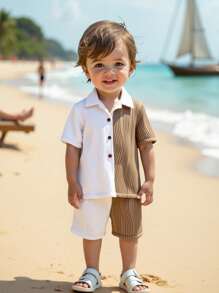 SHEIN Young Boy Two Tone Shirt & Drawstring Waist Shorts Without Tee - Multicolor - View 8