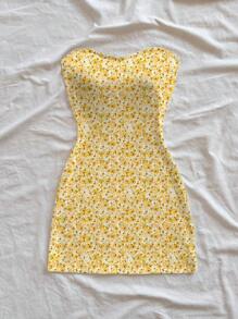 Soleia Women's Minimalist Chic Flower Print Mini Dress, Suitable For Summer/Spring,Pastel Dresses For Women Suitable For Going Out - Yellow - View 4