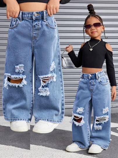 SHEIN Young Girl Y2K Casual Blue Distressed Loose Fit Denim Jeans,Kid Girls Spring And Summer Casual Vacation Hobo Denim Pants Wear