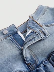 ROMWE Kawaii Plus Size Layered Lace Trim Patchwork Denim Mini Skirt - Light Wash - View 3