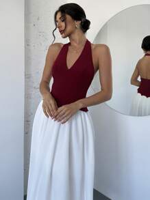 Firerie Women's Elegant Colorblock Halter V-Neck Dress, Suitable For Casual Daily Wear