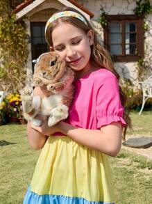 Tween Girls Vacation Style Round Neck Puff Sleeve Colorblock Bowknot Panel Rainbow A-Line Dress - Multicolor - View 5