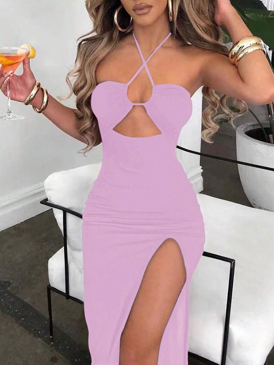 SHEIN Clasi Vestido negro ceñido sin mangas con espalda envolvente sexy para mujeres - Púrpura malva - Ver 1