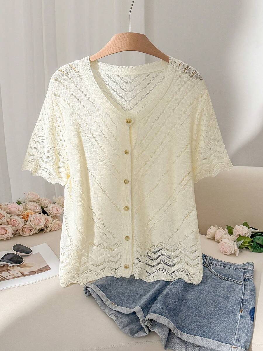 CosyJoli Plus Size Knit Button-Up Wavy Trim Casual Cardigan Sweater - Apricot - View 1