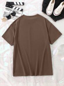 SHEIN 少女休闲时尚棋盘和花朵僵尸脸图案印花 T 恤短袖圆领 T 恤，兄弟姐妹/配套（单独出售）