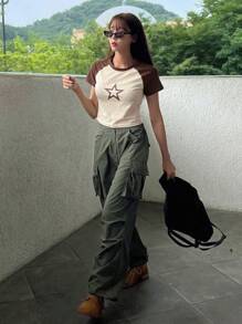 DAZY Áo thun tay ngắn in hình ngôi sao khối màu Y2k, Áo crop top nữ, Áo thun họa tiết - màu nâu - Xem 2