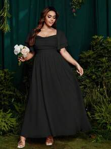 NU&NOW Vestido elegante con volantes y mangas abullonadas, cuello con lazo, de estilo plisado y fluido para fiesta, boda, vacaciones, en estilo vintage para mujer de talla grande