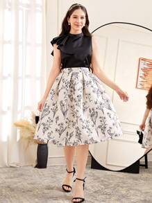 SHEIN 2件套少女舒适优雅泡泡袖蝴蝶结纯色衬衫和图案裙