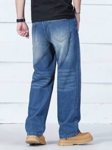 Manfinity EZcore Men's Medium Wash Denim Jeans: Long Zipper Fly Relaxed Fit With Distressed Detail - Medium Wash - View 2