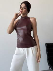 Firerie Women's Simple Urban Chic Everyday Work And Party Anker Red Leather Halter Neck Tank Top, Spring/Summer - Burgundy - View 3