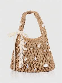 ROMWE Fairycore 1 Set Khaki Color Ocean Shell Starfish Woven Beach Tote Bag With Accessories, Fashion & Personalized Beach Holiday Style Handbag For Women (Includes 1 Bag & 1 Set Of Accessories)