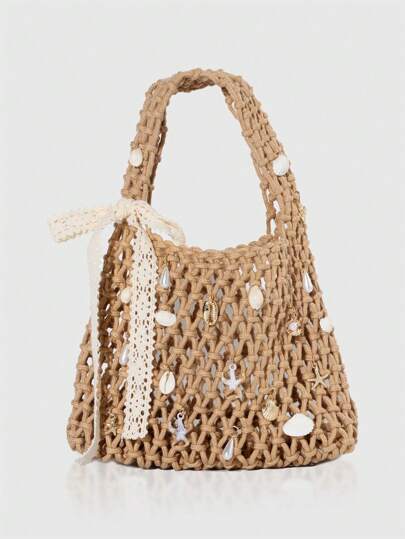 Fairycore 1pc Fashionable Personalized Spring/Summer Beach Vacation Style Orange Ocean Woven Beach Bag, Large Size Women Handbag