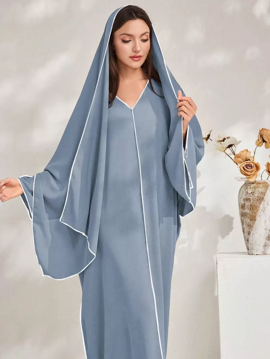 Al Najma Women's V-Neck Trim Simple Turkish Maxi Dress, Modest Kaftan - Dusty Blue - View 1
