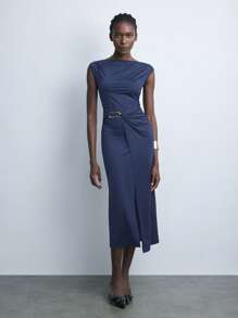 Maija Váy midi dệt kim thanh lịch, sang trọng, dự tiệc mùa thu/đông mới dành cho nữ, màu đỏ tía/xanh navy, tay ngắn, thắt lưng kim loại, váy công sở duyên dáng - Màu xanh lam - Xem 4