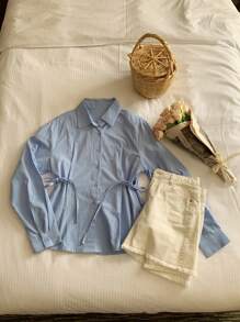 DAZY 女式休闲纯色翻领长袖衬衫秋季 - 藍色 - 查看 4