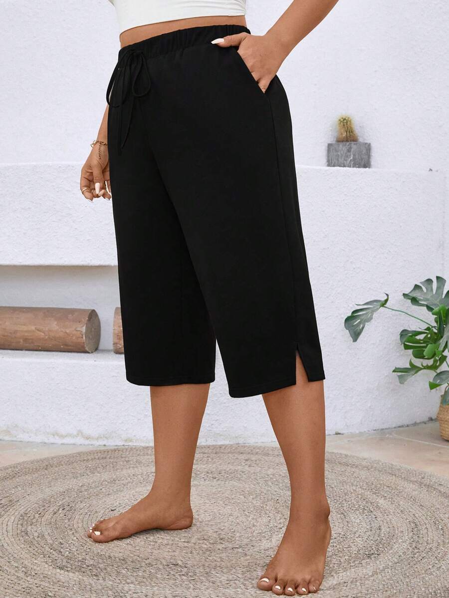 EMERY ROSE Plus Size Casual Solid Color Versatile Capri Pants - Black - View 1