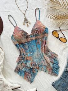 SHEIN WYWH 女士花卉印花不对称下摆吊带背心度假上衣 - 彩色 - 查看 1