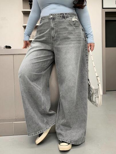 Dazy Plus 加大码加大码做旧洗水阔腿长牛仔裤，宽松牛仔裤