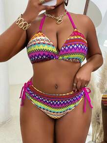 SHEIN Slayr CURVE Conjunto de bikini sexy de 2 piezas de talla grande con tela texturizada y tirantes de amarre, traje de baño para playa y vacaciones