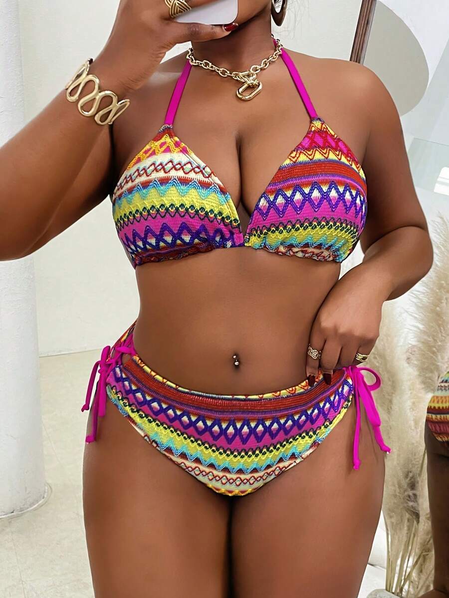 SHEIN Slayr CURVE Conjunto de bikini sexy de 2 piezas de talla grande con tela texturizada y tirantes de amarre, traje de baño para playa y vacaciones