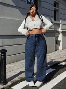 SHEIN ICON 大码前扣口袋蝴蝶刺绣简约休闲牛仔裤 - 霧霾藍 - 查看 5