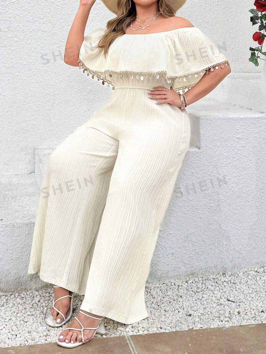 Breezaya Mono suelto, elegante y casual con hombros descubiertos, textura de flecos y talla grande para mujer