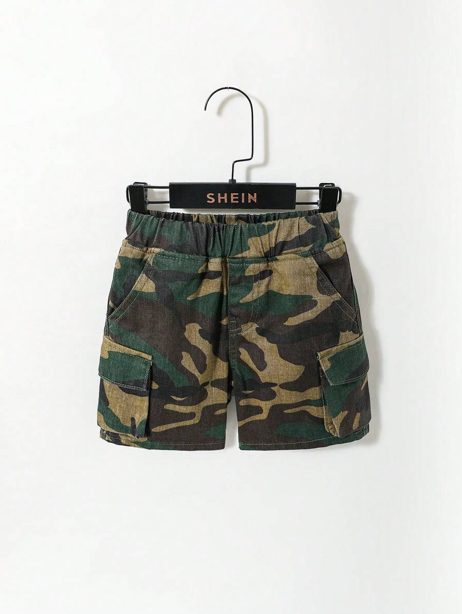 Young Boys Urban Street Cool Kids Camouflage Loose Fit Cargo Jean Shorts, Fully With Elastic Waistband. Front Pockets And Flap Patch Pocket At Sides. Fashionable And Soft, School, Campus, College - Army Green - View 1