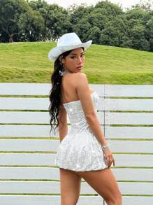 Muchica Women Solid Color Sequin Glamorous Fashion Strapless Mini Dress