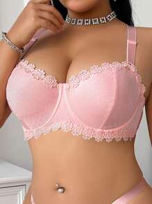 PetitDoll 1pc Plus Size Wedding Bra, Minimally Lined With Steel Frame, Lift - Pink - View 1
