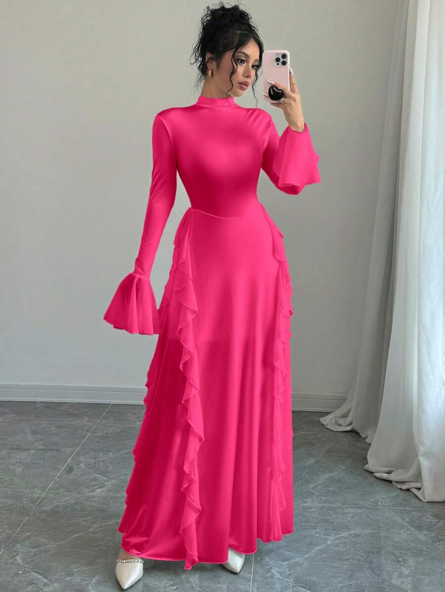 Firerie Women's Romantic Elegant High Neck Long Lantern Sleeve Ruffle Hem Dress - Pink - View 1