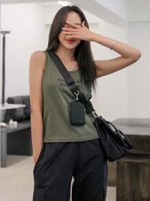 DAZY Slogan Graphic Tank Top YOUNG AT AGE OLD SCHOOL Summer - Army Green - View 6