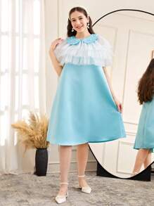 2pcs/Set Teen Girl Tiered Mesh Shawl Collar Beaded Sleeveless Satin Dress