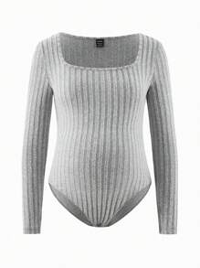 SHEIN 2pcs Grey Rib Bodysuit & Pants Set, ComfyWorkout Set, Tracksuit, Casual Style, Long Sleeve Bodysuit And Wide Leg Pants, Autumn Winter Basic Essential, Baggy Pants, Long Sleeve, Winter Clothes - Grey - View 5