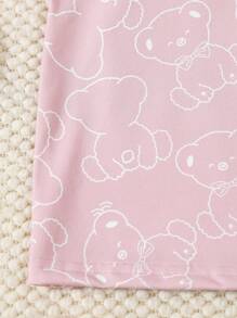 2pcs Young Girls Flame Retardant Cute Bear Print Casual Short Sleeve Top & Pants Pajama Set - Pink - View 3