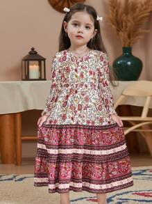 SHEIN Young Girl White Autumn Floral Print Dress,Lantern Sleeves V-Neck Loose Style,Matching Family Vacation Outfit,Sisters Sibling Wear For Festivals - Multicolor - View 4