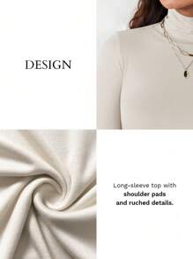 RueChic Solid Color Elastic Turtleneck Slim Fit Top Uniform - Beige - View 2