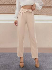 SHEIN Cottnline Women's Solid Color Minimalist Style Trousers, Suitable For Summer - Beige - View 5