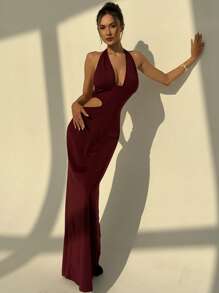 Aloruh Nowa seksowna sukienka z głębokim dekoltem w serek i wiązaniem w talii, z wycięciem z boku, w kolorze czerwonym, wiosna/lato