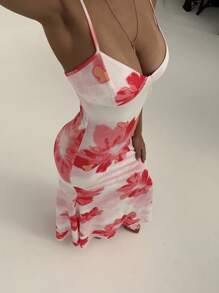 Aloruh 春夏季度假女士细肩带露背紧身花卉印花连衣裙 - 粉色 - 查看 7