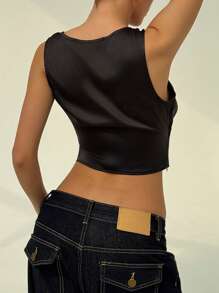 Aloruh Women's Fashion Sexy Solid Twist Knot Cropped Sleeveless Shirt - Black - View 7