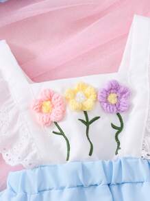 SHEIN Conjunto de 2 piezas de body con diadema para bebé niña, de nueva llegada para primavera-verano, con diseño floral hueco bordado en contraste de color blanco y azul, apropiado para uso diario y vacaciones de primavera-verano - Azul - Ver 4
