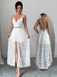 Chiquease 女士花朵蕾丝开衩下摆吊带连体裤