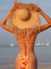 Swim Vcay Women Summer 2pcs Beachwear Outfits - Reversible Lace-Up Backless Crop Top And Thong Bikini Swimwear For Vacation - Multicolor - View 2