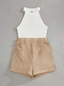 SHEIN Essnce 2pcs/Set Women Solid Color Round Neck Sleeveless Top And Shorts, Minimalist - White - View 5