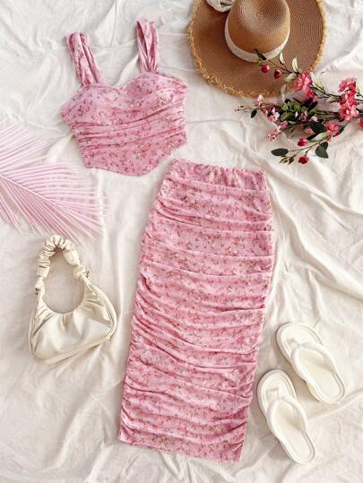 Soleia Women'S Ditsy Floral Camisole Top And Pleated Mini Skirt Outfit, Holiday Style Beach Vacation Outfits Spring Summer Outfits For Women West Music Festival Bohemia Holiday Boho